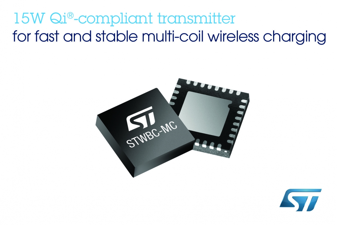ST新闻图片 9月26日——意法半导体先进的Qi®兼容充电发射器，可确保15W多线圈无线充电器给移动设备充电快速稳定